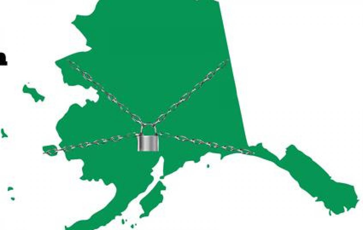 Rally flyer, outline of Alaska in chains