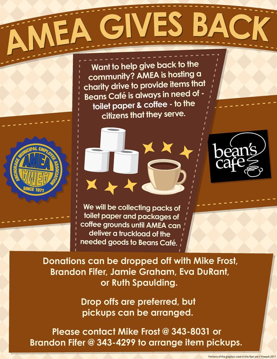AMEA Gives Back Charity Drive Flyer, Imagery of toilet paper and coffee, and text details of why those items are needed for donation